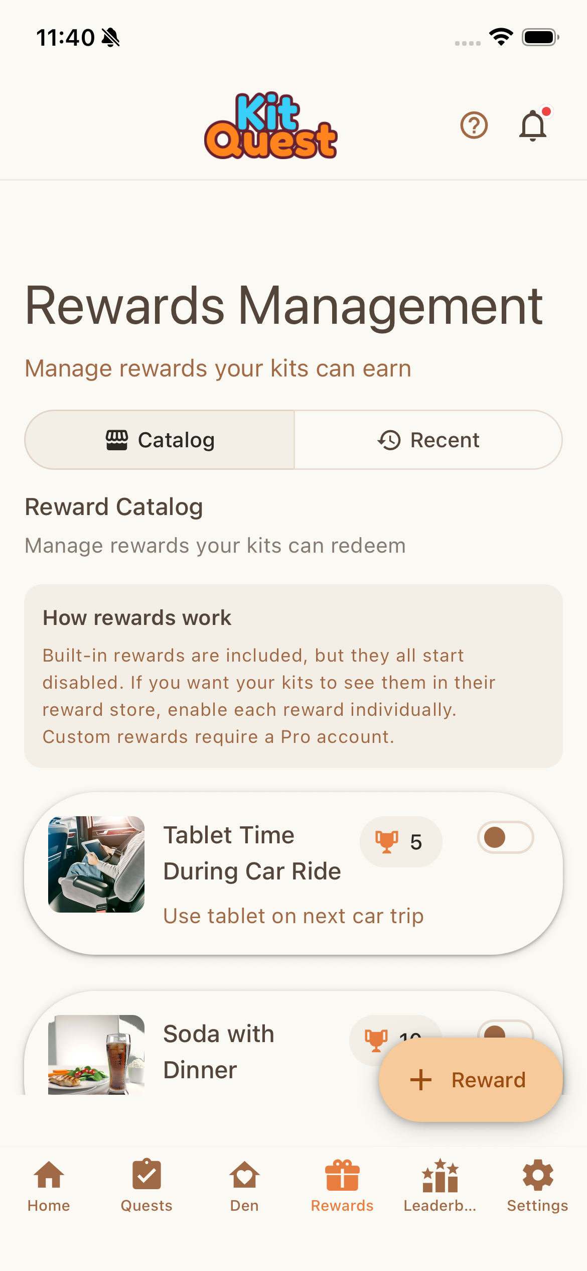 Rewards catalog view