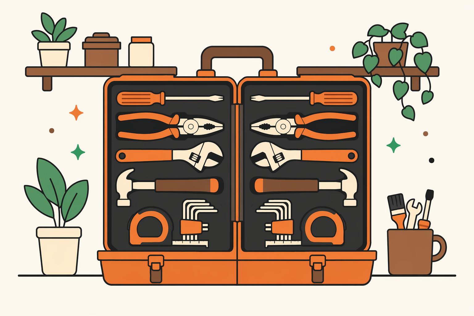 A toolbox split into two identical mirrored sets of tools.