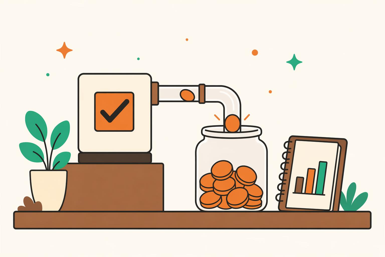 A checkbox feeding through a pipe into a coin jar beside a ledger.
