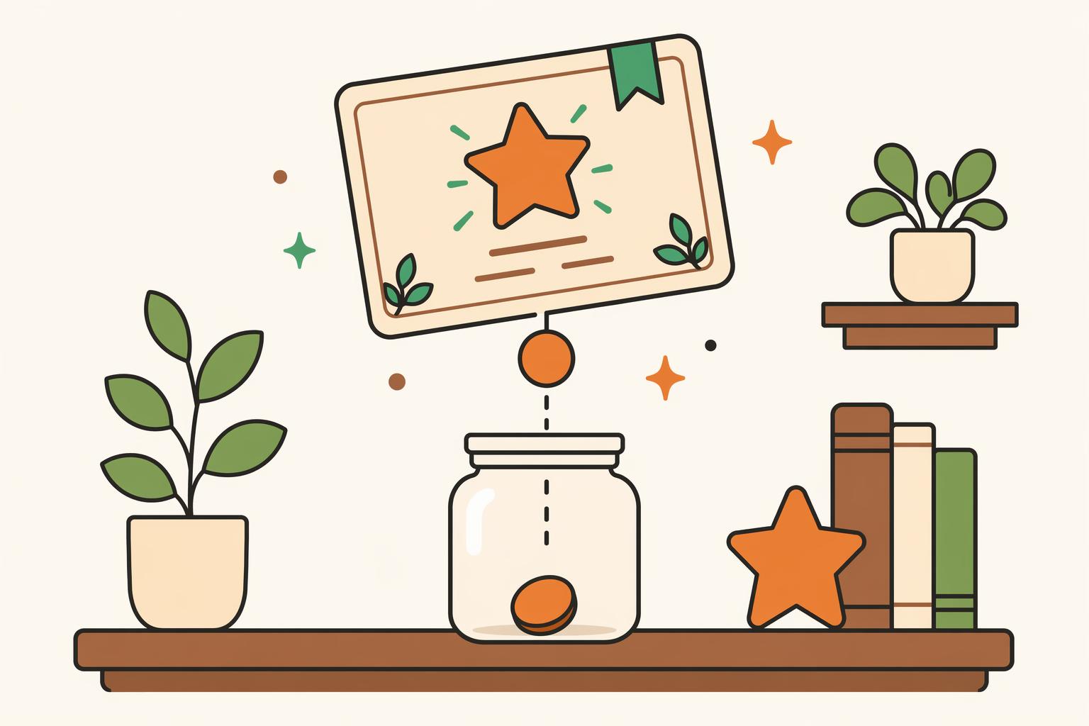 A completed quest card dropping a coin into a jar.