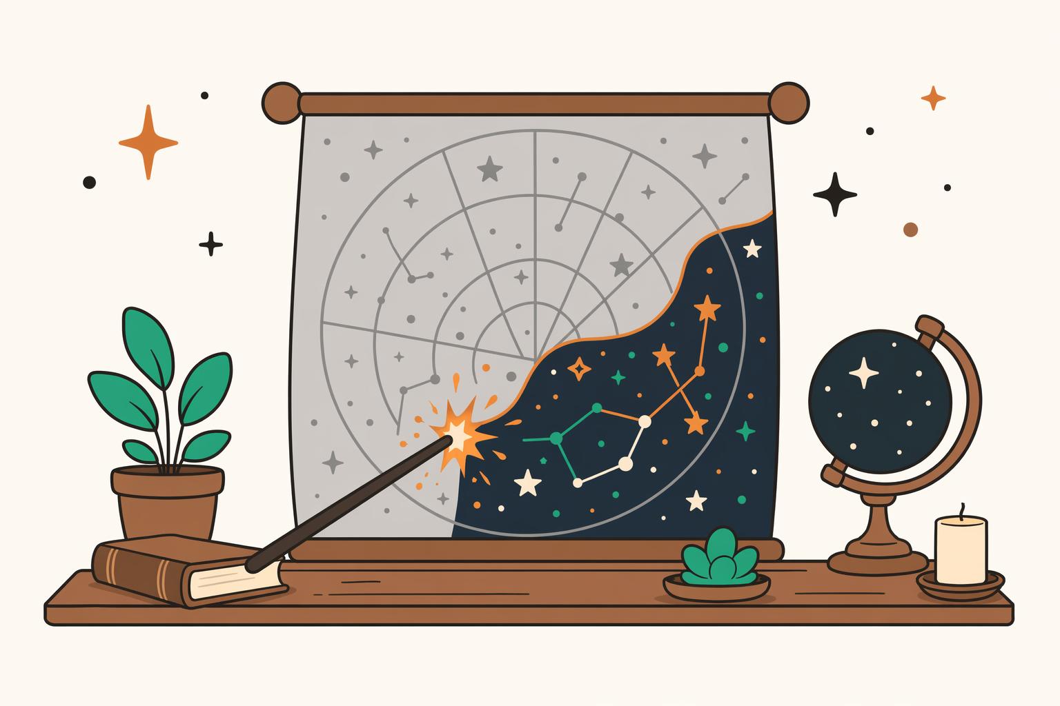 A faded star chart being re-lit by a spark, color returning to it.
