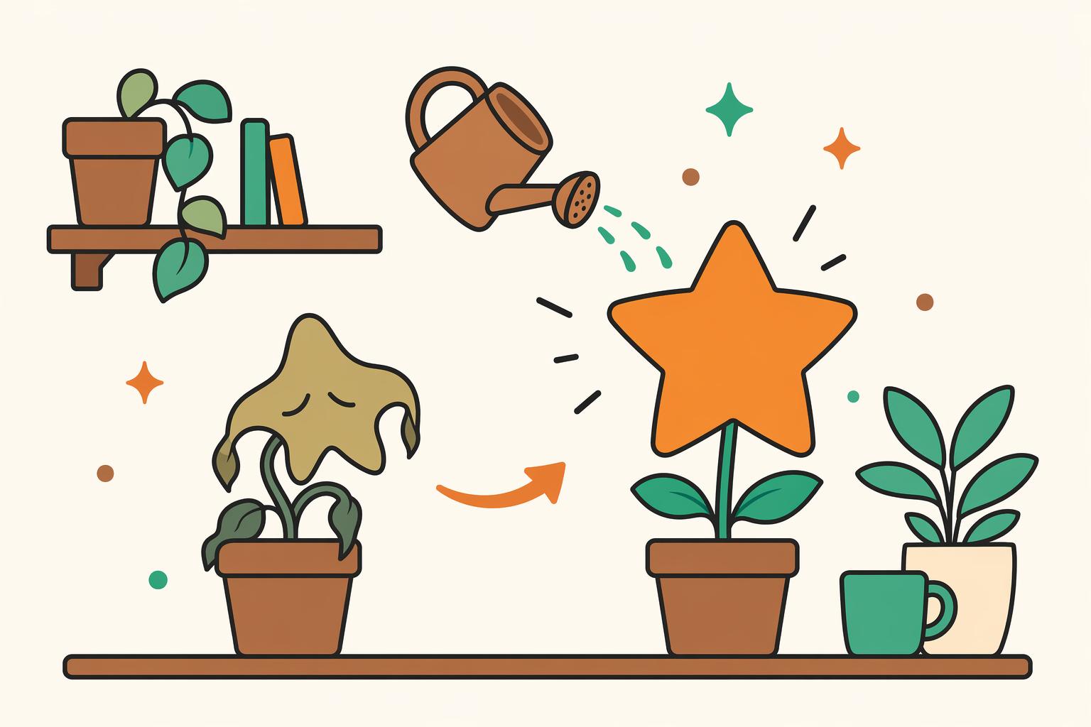 A wilted reward star being watered and brightening again.