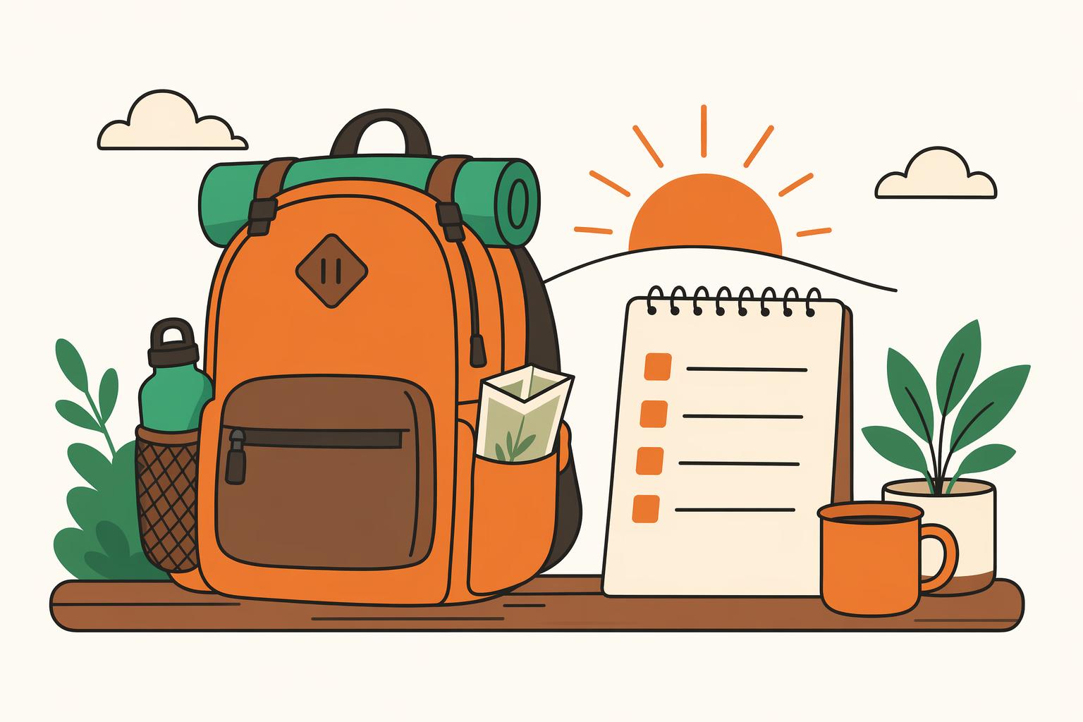 A backpack and a checked morning list under a rising sun.