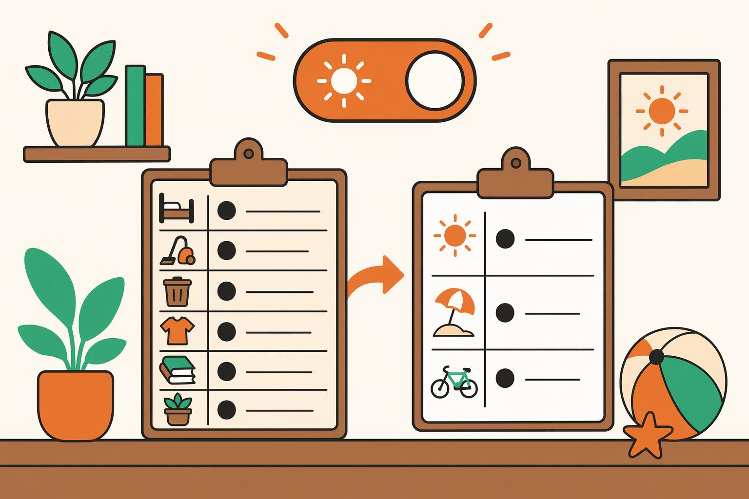 A sun-icon summer toggle flipping a chore board to a lighter schedule.