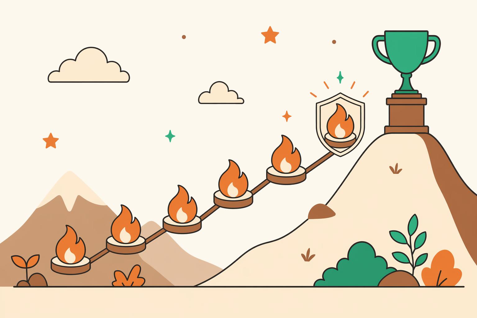 A chain of day-flames rising toward a trophy, one flame shielded.