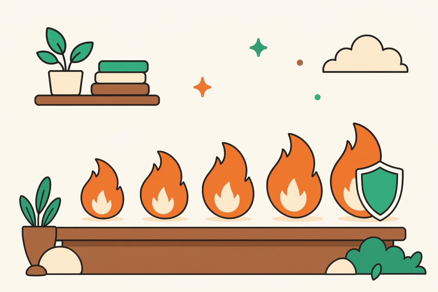 A row of streak flames with a shield over the latest flame.