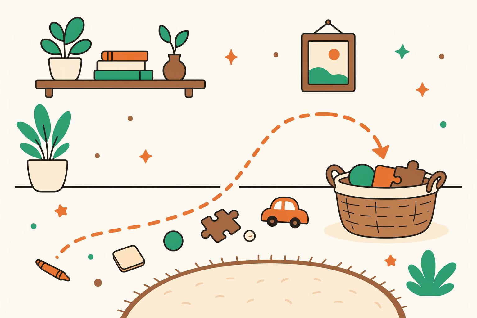 Scattered items curving along a path back into a tidy basket.