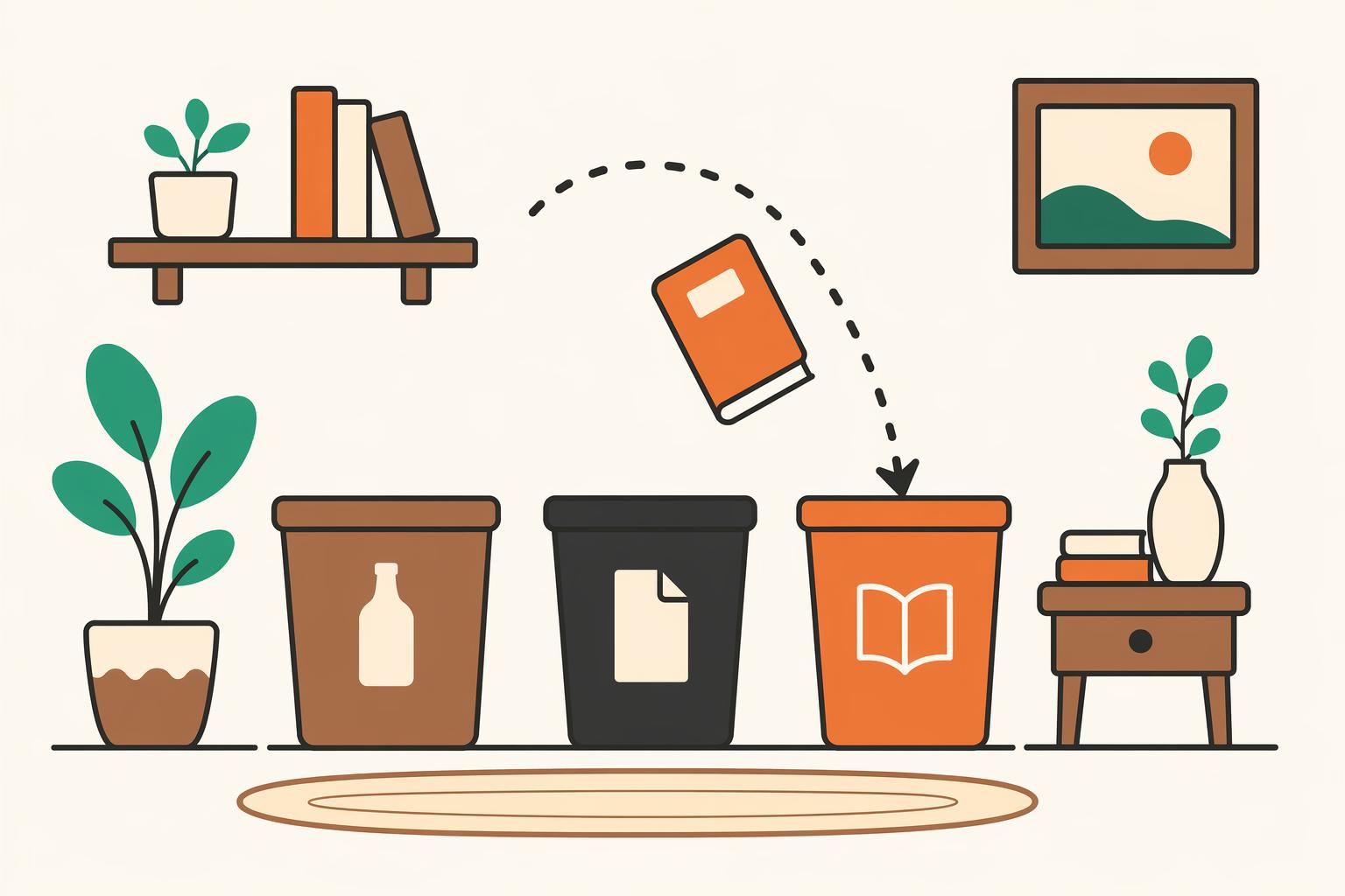 An object arcing along a dotted path into its bin.