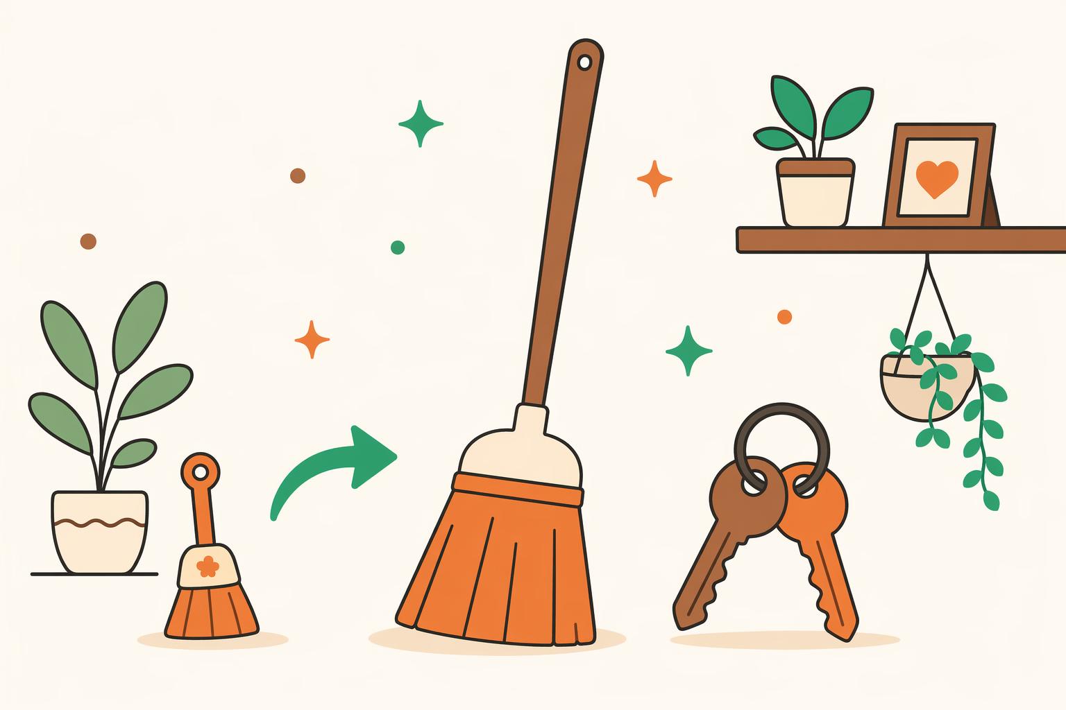 A tiny play broom scaling up into a real broom and house keys.