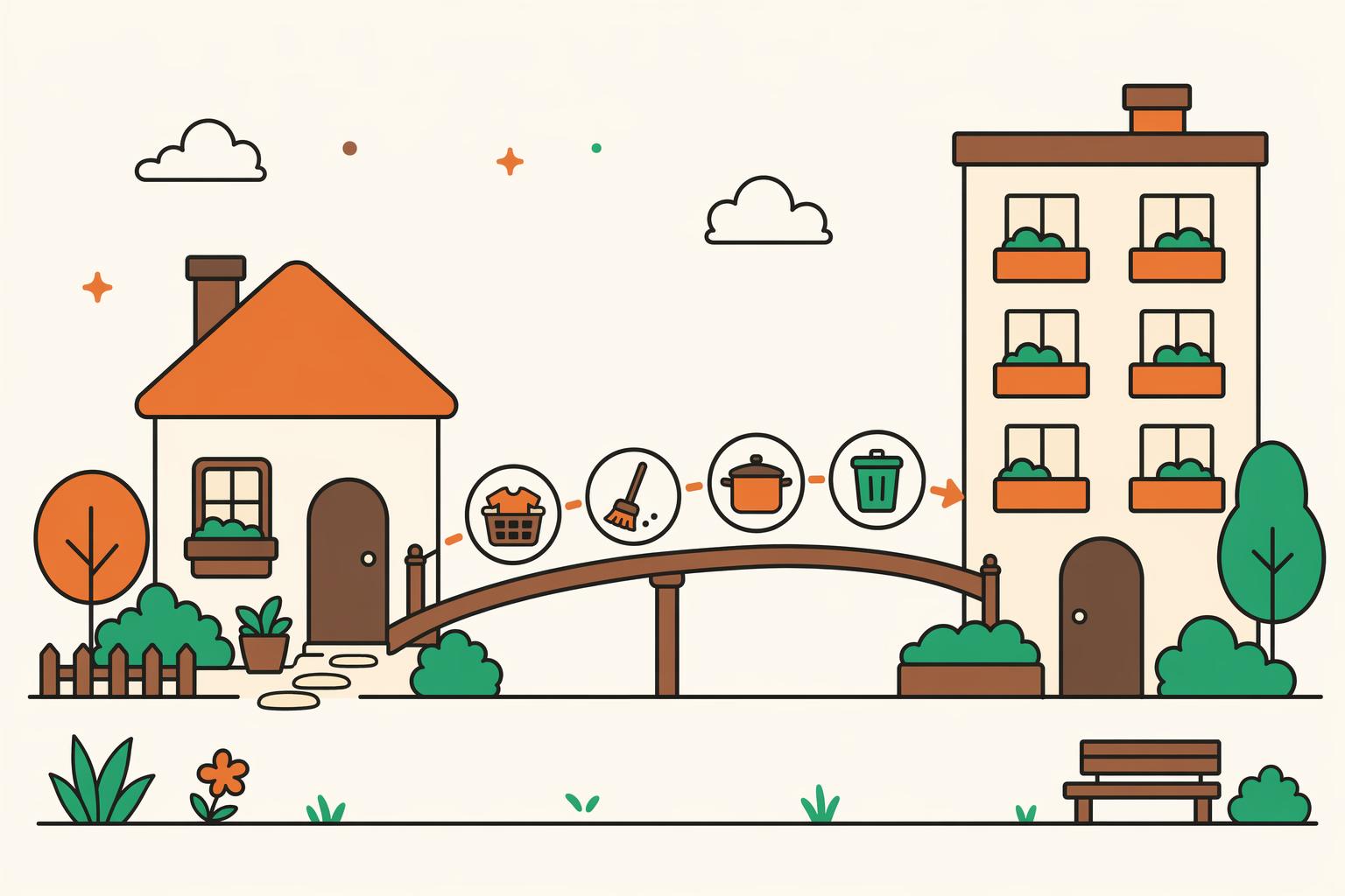 A home linked by a path carrying chore icons to a shared apartment.