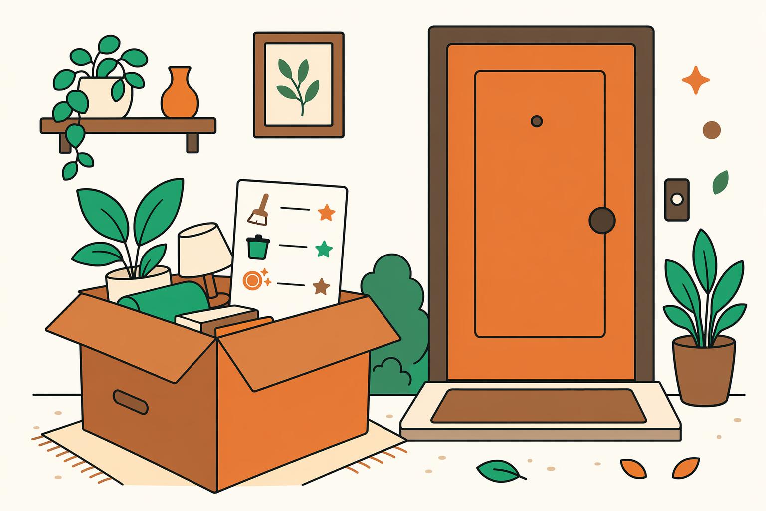 A chore card packed in a moving box beside a shared-living doorway.