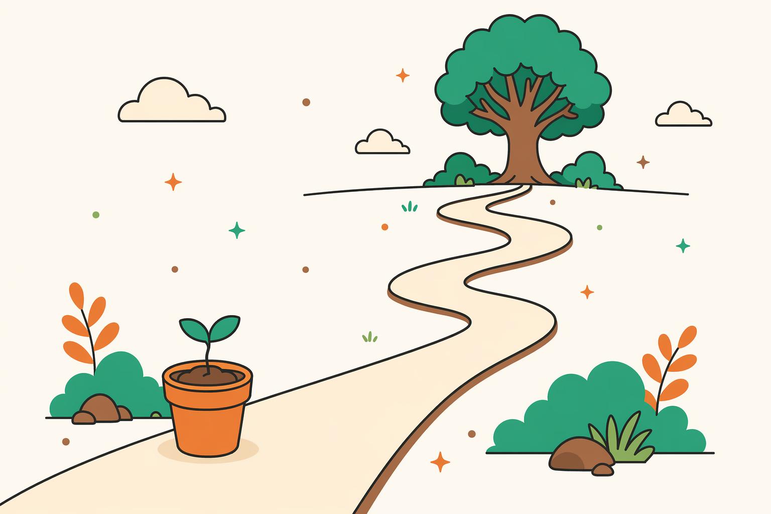 A seedling near a long path leading to a tall tree on the horizon.
