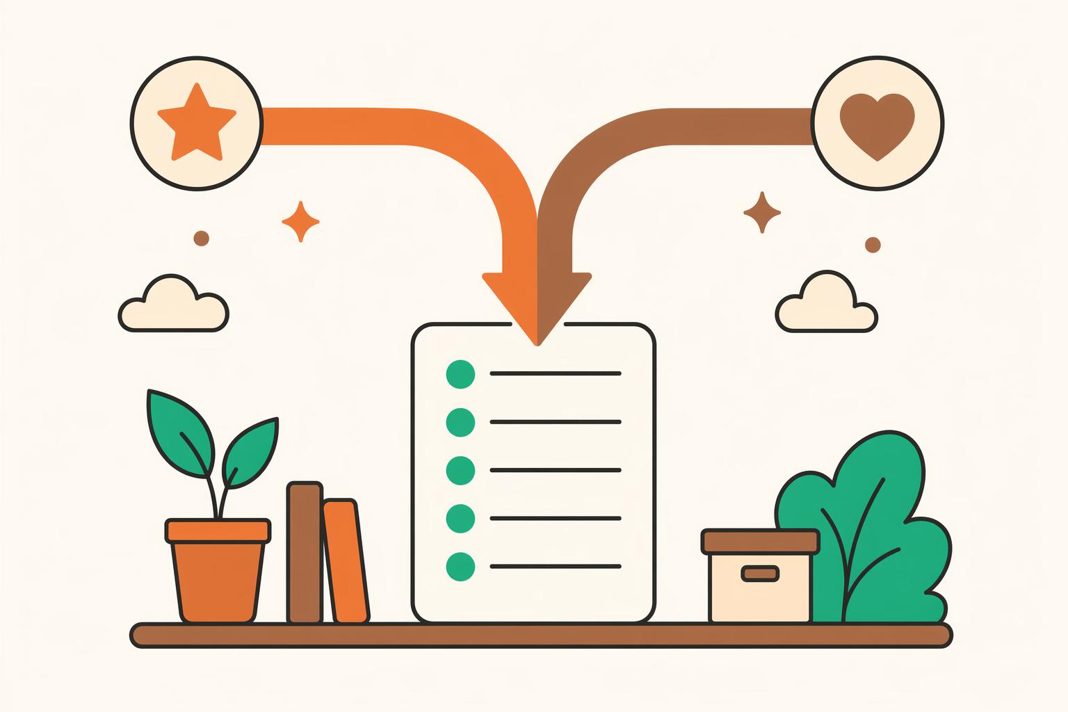 Two arrows merging into one checklist.