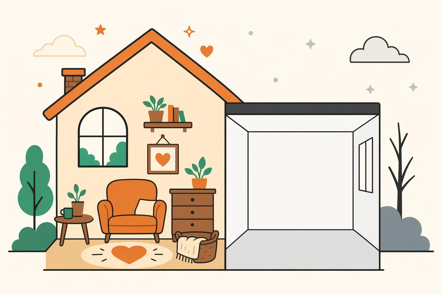 A warm imperfect home with a heart beside a cold flawless empty room.